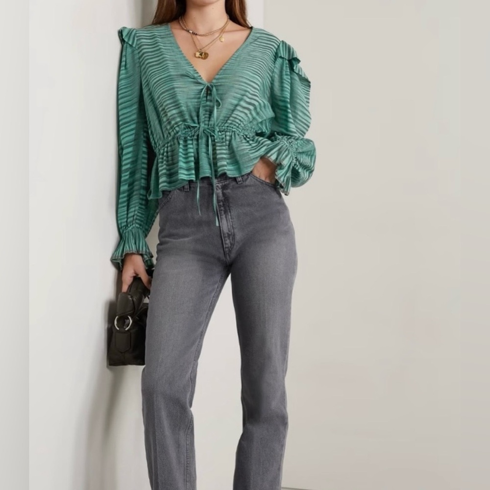 ULLA JOHNSON Ophelia Gathered Striped Cotton-Voile Peplum Blouse